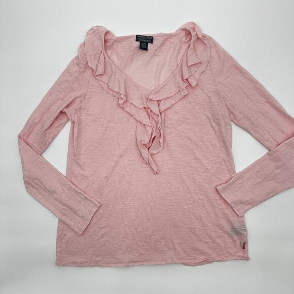 Polo Jeans Company Ralph Lauren Pink Ruffle Front Long Sleeve Tee Shirt XL - Picture 1 of 6